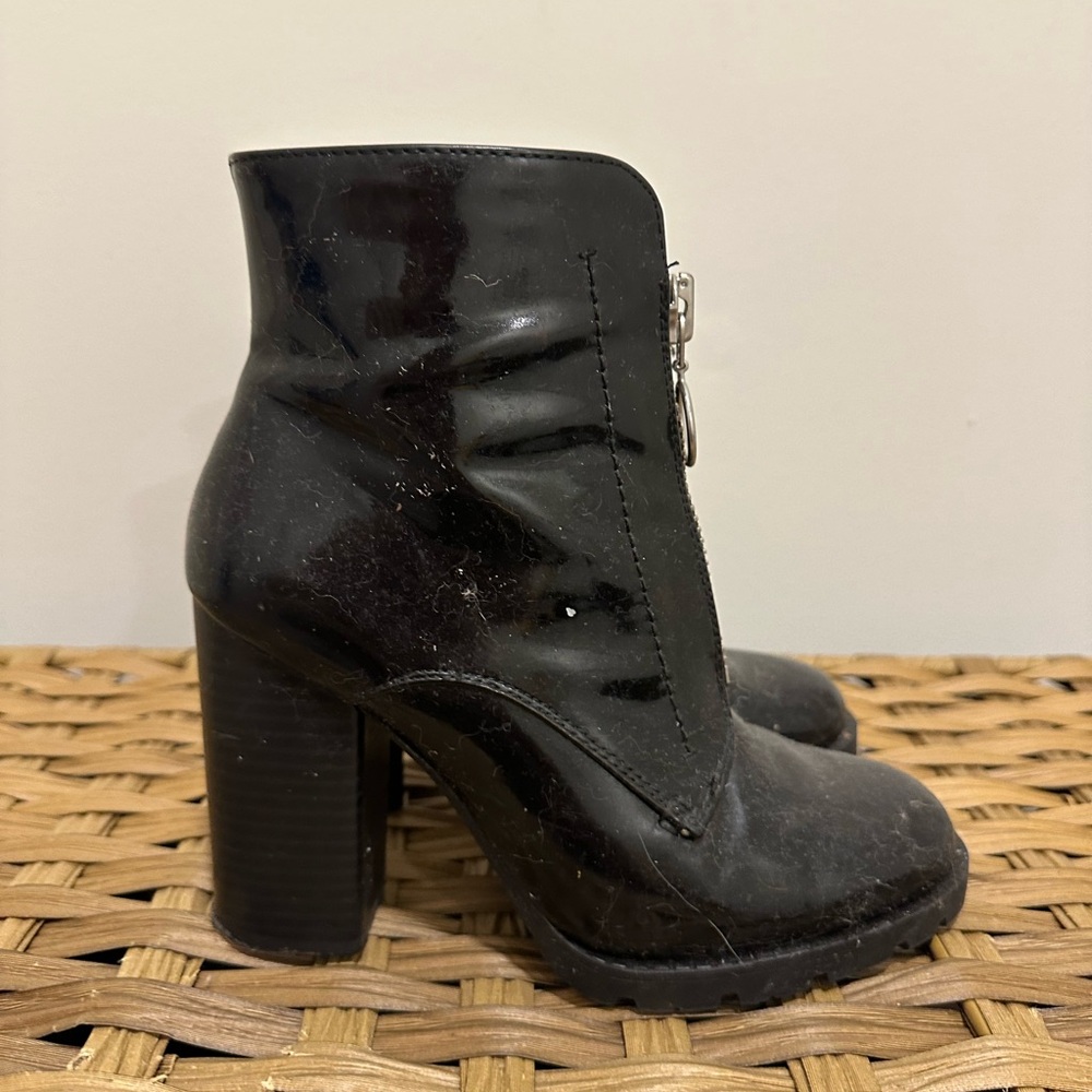 BCBGeneration Black Patent Block Heel Ankle Booties